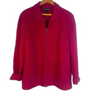 Lands End 100% Wool Zip‎ Up Sweater Cardigan Elevated Basic Capsule Size 16 Pink